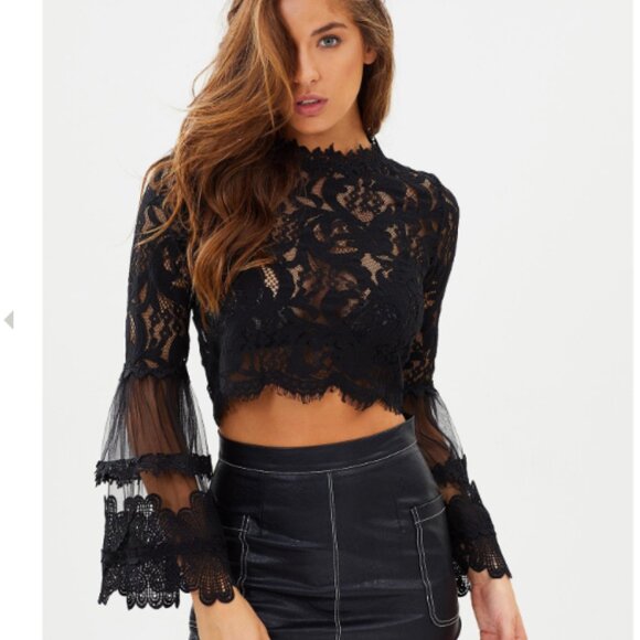 Black Lace Crochet Sheer Blouse Top Bell Sleeves Whimsigoth Goth Party Medium - Picture 1 of 16